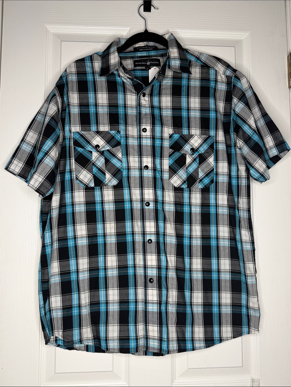 Beverly Hills Polo Club Short-Sleeve Plaid Button-Down Shirt - Blue/Black/White